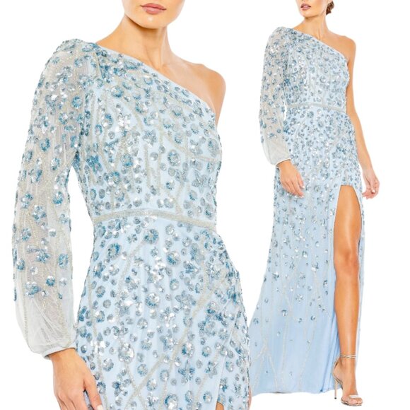 Mac Duggal 5659 Womens Size 2 Light Blue Embellished One Sleeve Gown Maxi Dress - Picture 1 of 4